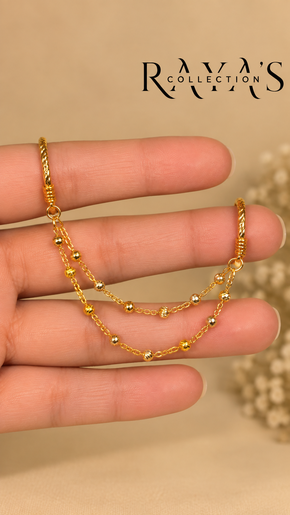 Golden Beaded Double Ring Chain